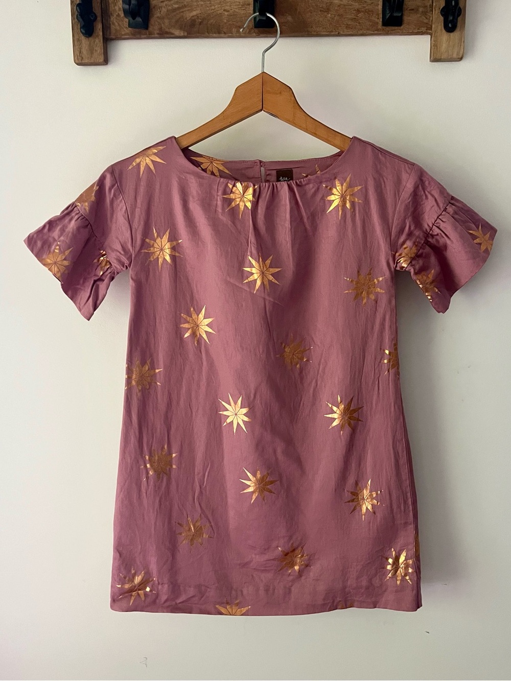 Tea Collection Girls Size 7 Mauve Metallic Gold Starburst Dress Flutter Sleeve